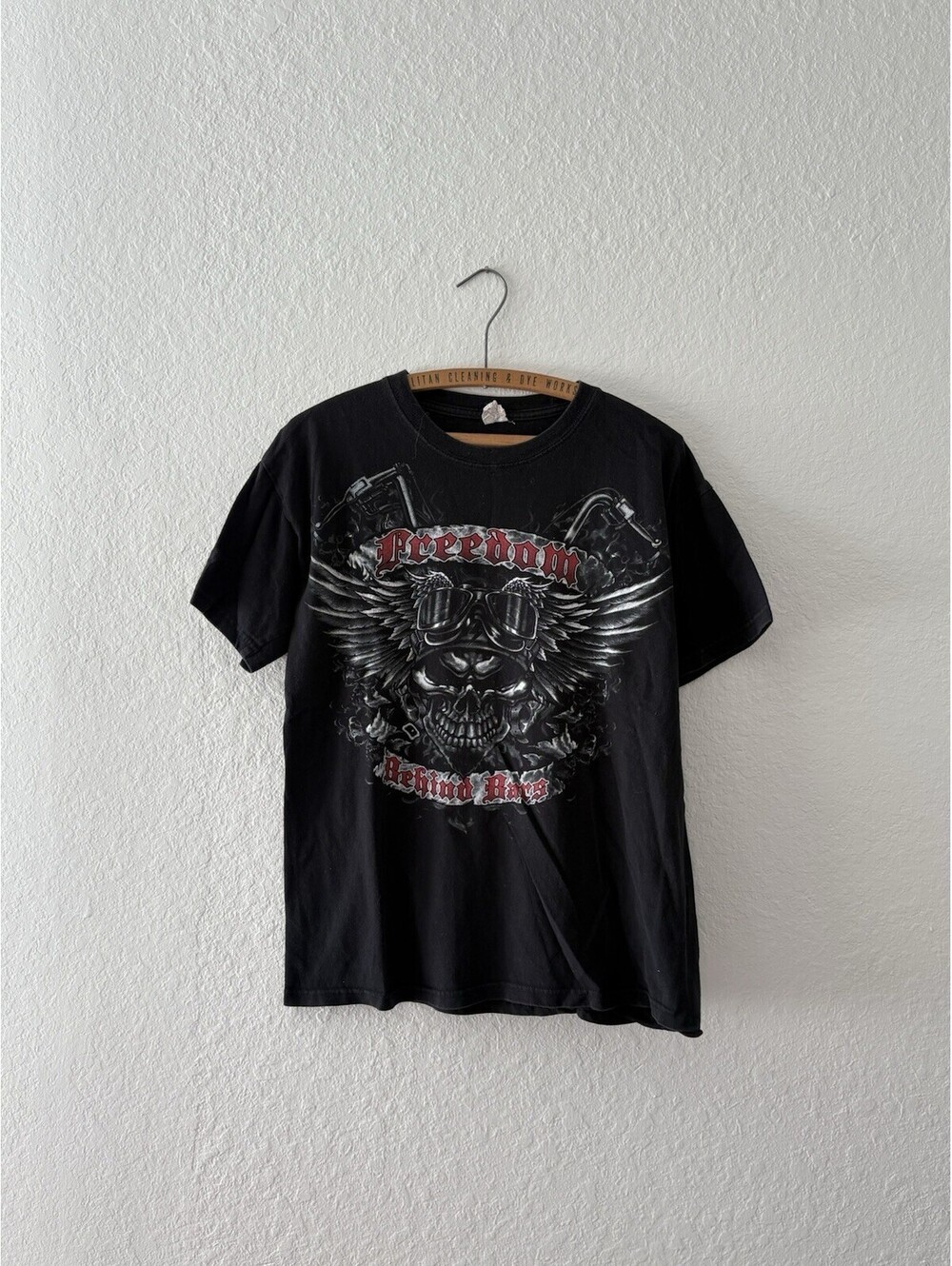 Freedom Behind Bars Y2K Men's Medium T-Shirt Biker Skull Cross Wings Motorcycle